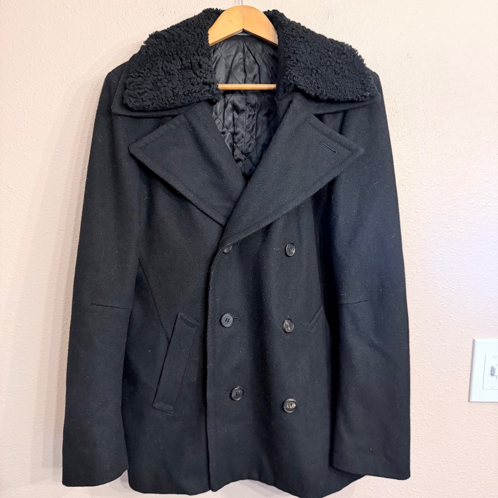 AllSaints Petrov Pea Coat Jacket Heavy Wool Sheepskin Collar Mens L Black
